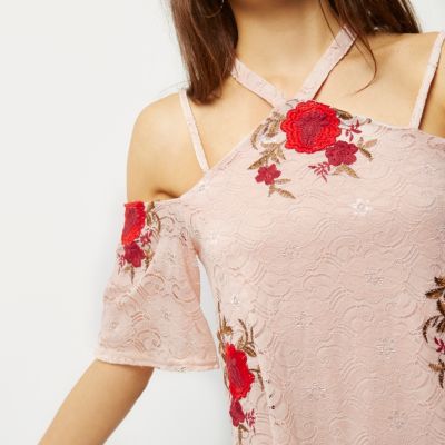 Blush pink lace floral cold shoulder top